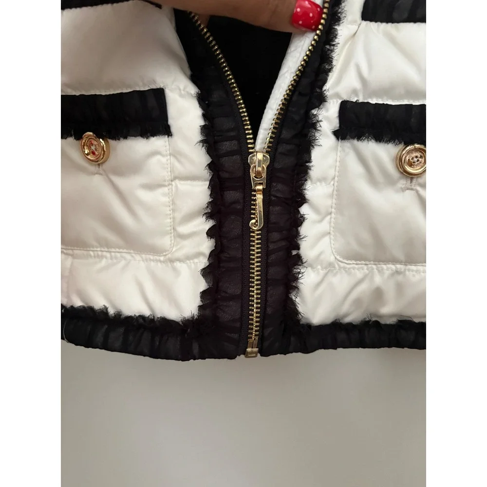 Juicy Couture Kid Size M Cream Puffer Jacket Black Ruffle Trim Gold Accent Y2K M